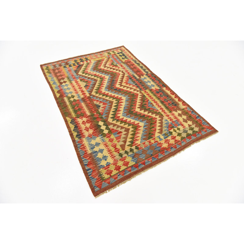 Tapis de zone en laine brun/beige/rouge/vert 3 pi 6 po x 5 pi 2 po one-of-kind-noué la main Doorfield
