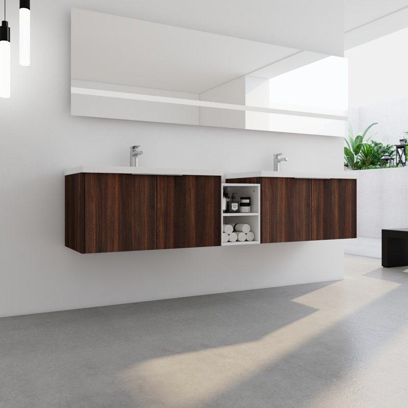 Meuble-lavabo de salle de bain avec lavabo et tablettes de rangement, Noyer