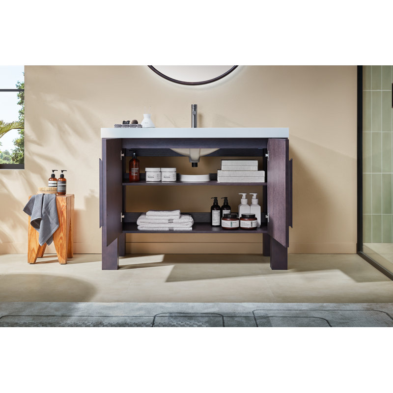 Meuble-lavabo en contreplaqué naturel 48 po avec comptoir en pierre artificielle Megara Munich, Blanc, Chêne espresso