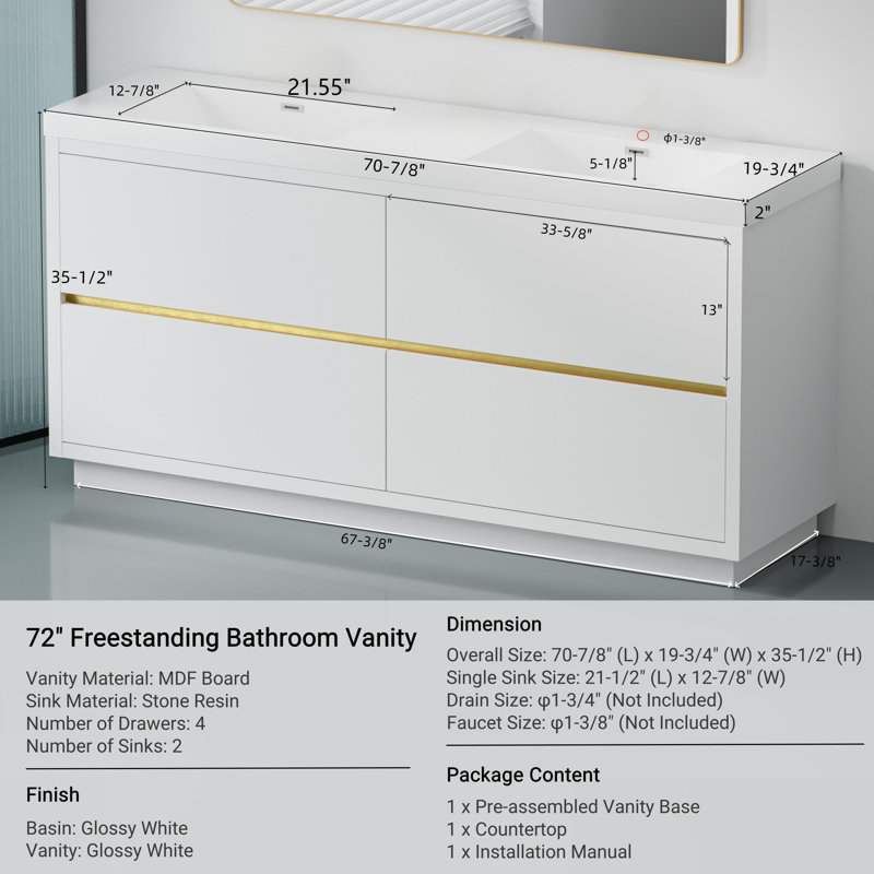 Meuble-lavabo autoportant de 72 po avec comptoir en résine de pierre et tiroirs à fermeture en douceur (pré-assemblé), Blanc
