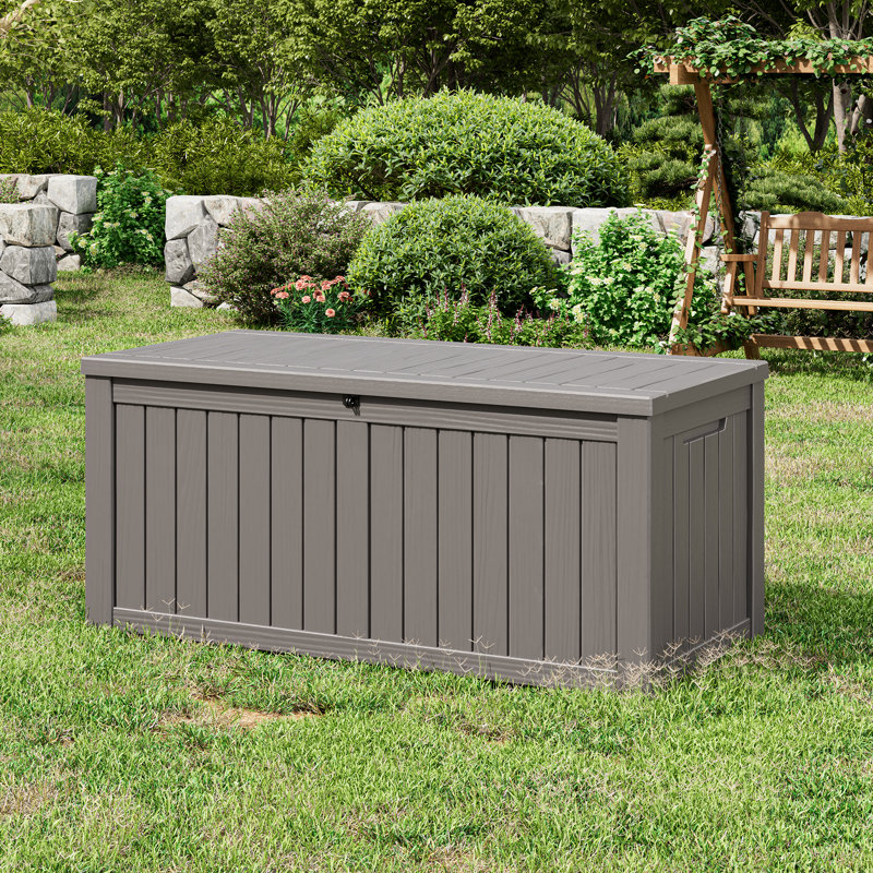 120 Gallon Large Resin Deck Box With Waterproof And Lockable Lid For Outdoor, Gray