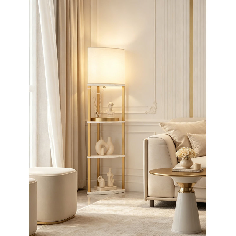 Lampe sur pied à 4 niveaux avec ampoule à DEL réglable et abat-jour en lin - Lampe de présentation multifonctionnelle avec rangement pour le salon, la chambre à coucher ou le bureau