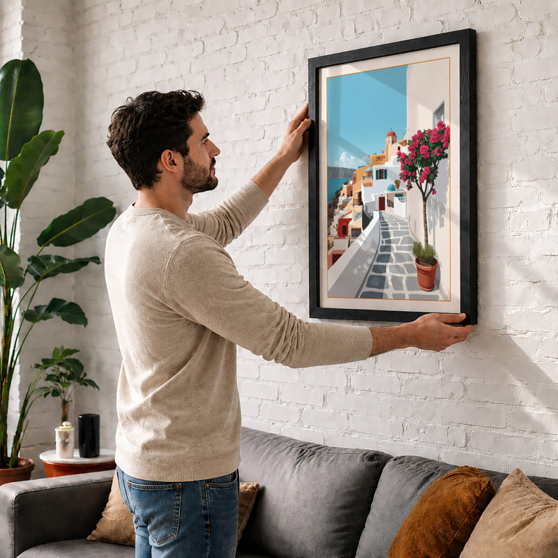 Mediterranean Seaside Village Coastal - Framed Print, Black, A4 - 29.7 x 21.0 cm