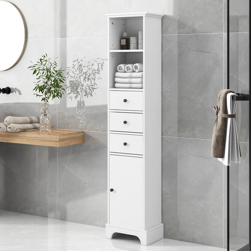 Freestanding Linen Tower Cabinet with 3 Drawers, 68.3" H x 15" W x 10" D, White Straight Back Design