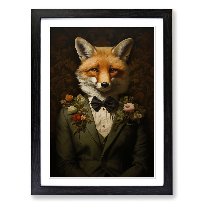 Fox Renaissance - Single Picture Frame Print on Wood, 34cm H x 25cm W x 2cm D, Black