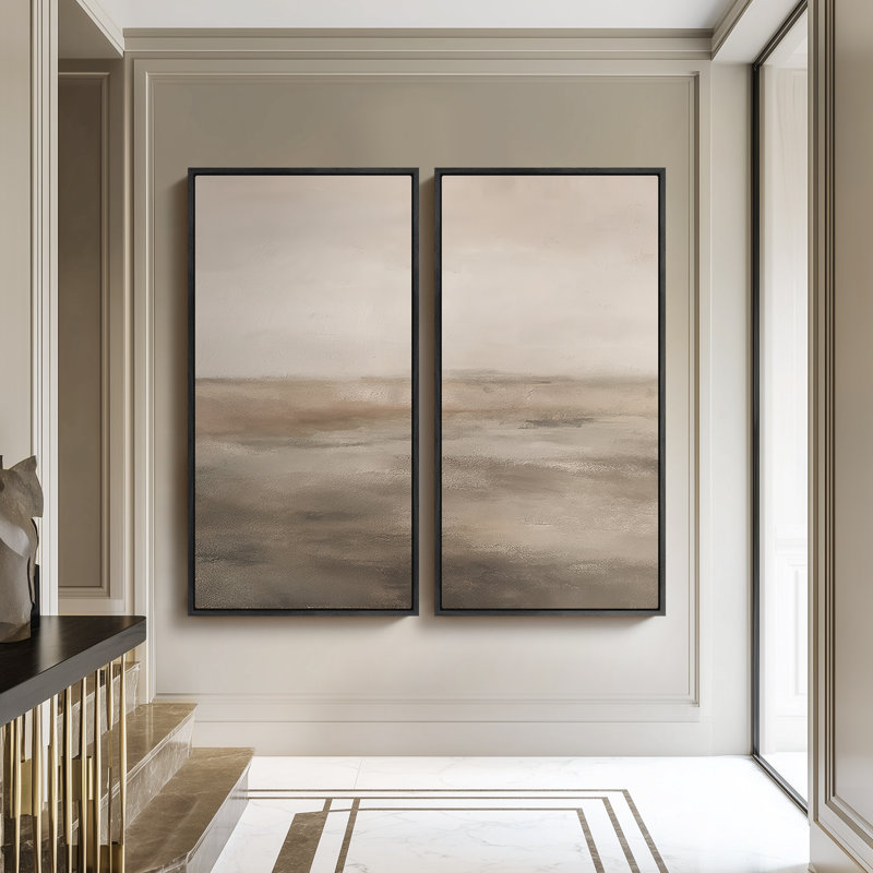 Calm Neutral Abstract Horizon - Set of 2 Framed Wall Art Print on Canvas 60"x30"x2pcs, 60" H x 30" W, Black