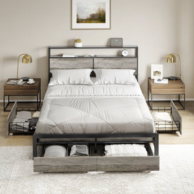 Antioch Modern Bed Frame with 4 Drawers, LED Light and Charging Station