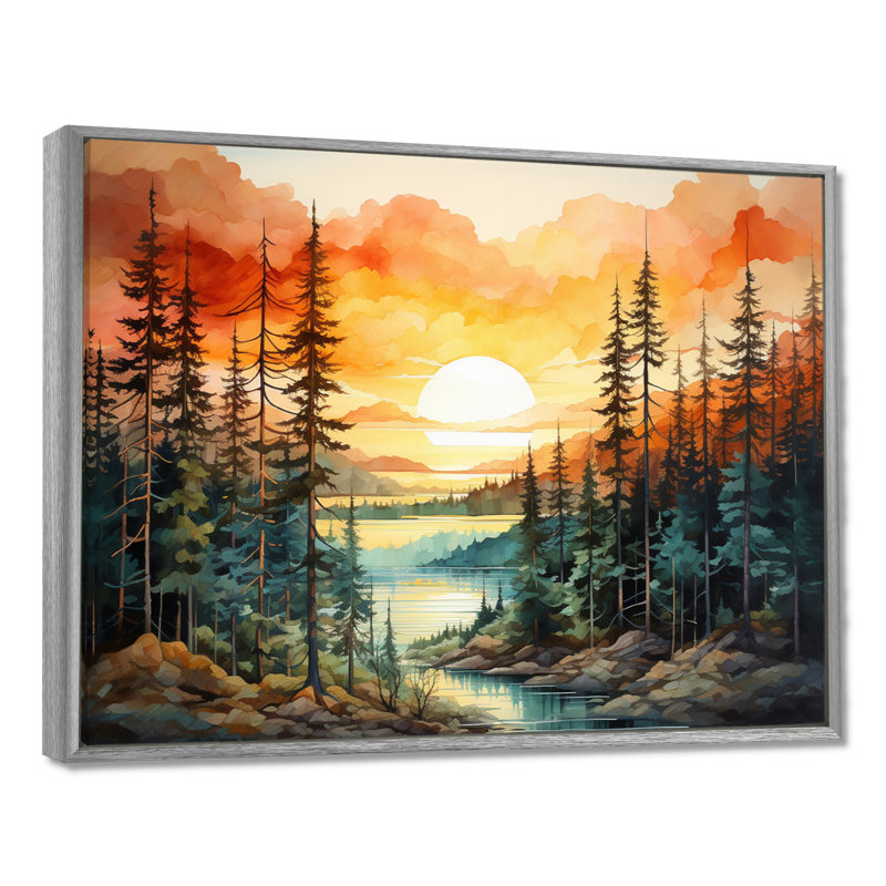 Pin, coucher de soleil brillant II - Pin, art mural, H 30 po x l 40 po, Encadrement argenté
