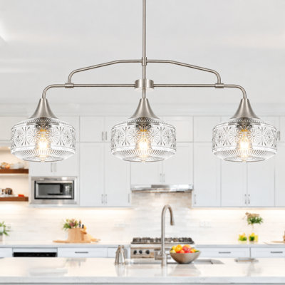 Applique murale à 3 lumières pour îlot de cuisine en nickel brossé avec abat-jour en verre transparent à motifs