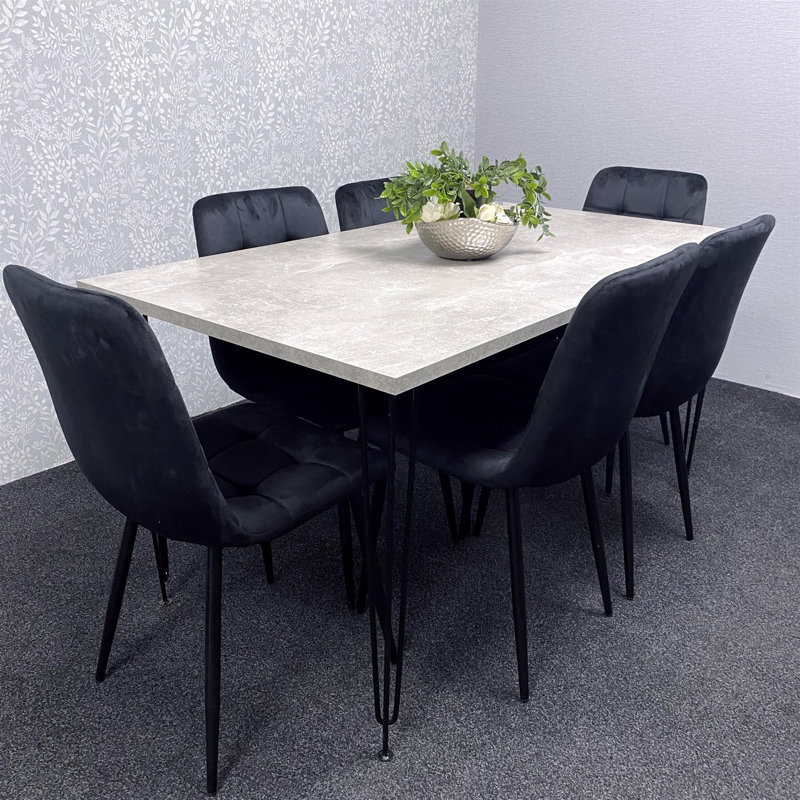 Grey Dining Table with Hairpin Legs & 6 Velvet Chairs (75cm), Black , 75cmH x 140cmL x 80cmW