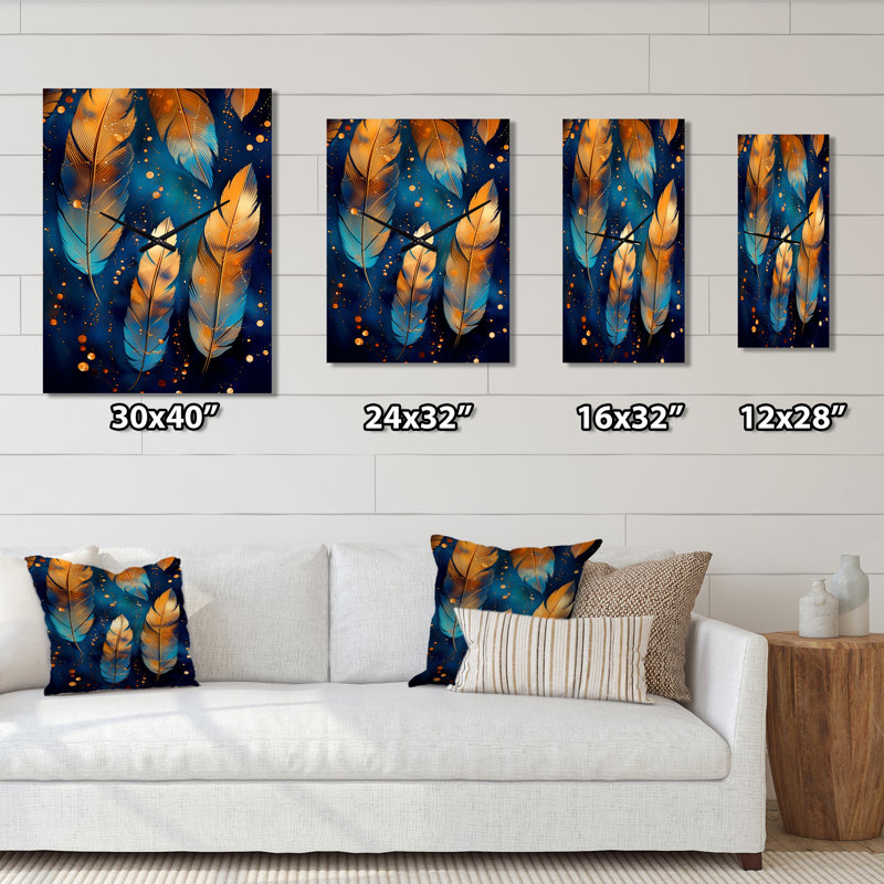 Horloge murale Boho Glam Gold Feathres On Cosmic Blue II, Petit