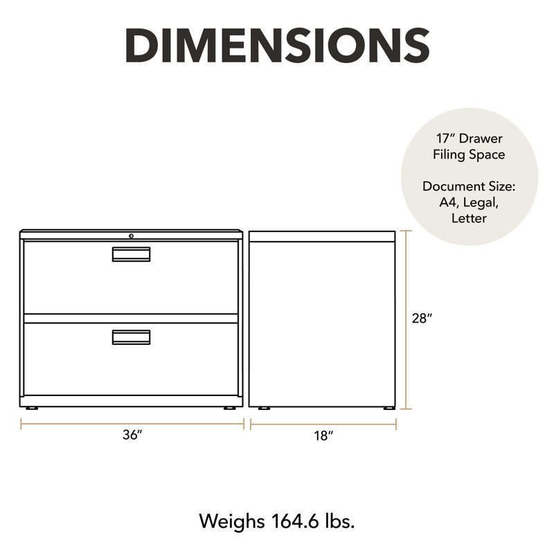 HON Brigade 600 Series Lateral File, 2 Drawers, Aluminum Pull, 36"W, Black, Black