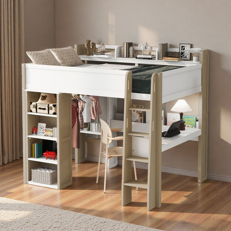 Lit mezzanine double en bois massif avec bureau, tablettes supérieures, tringle à vêtements, lit pour enfant en chêne blanc