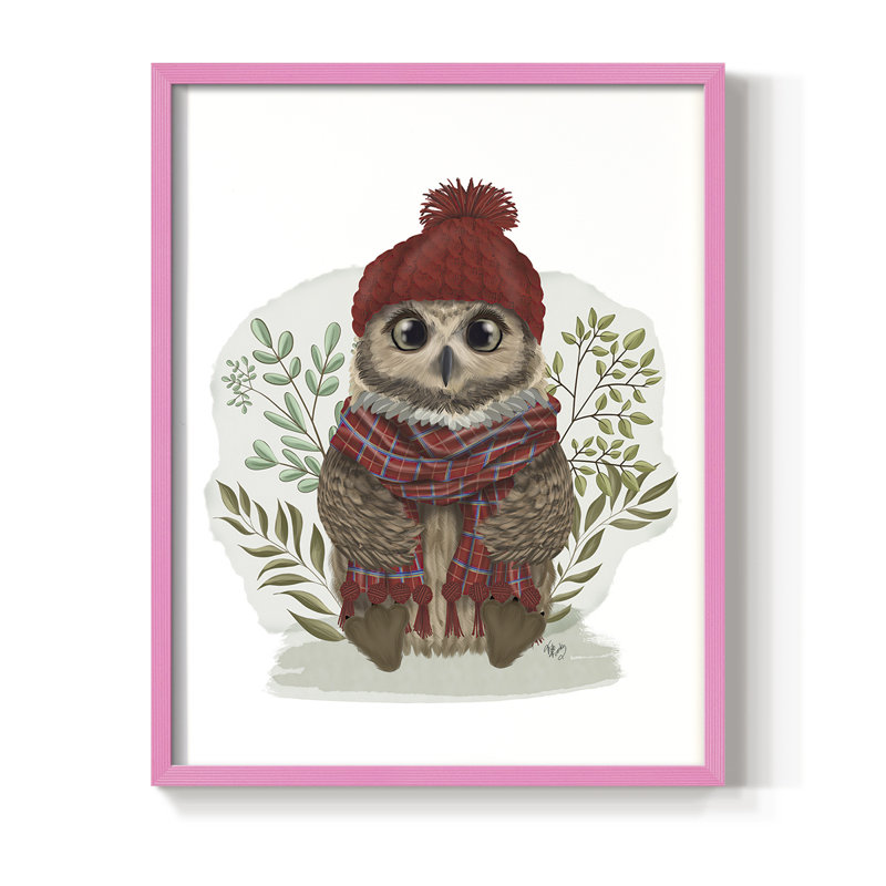 Owl in Tartan Scarf Framed Print - Solid Wood, Pink, 10" H x 8" W