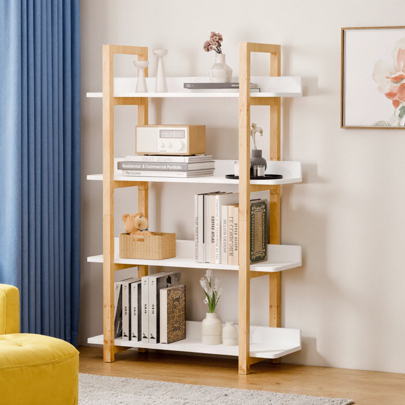 Multifuction Bookcase With Solid wood Frame, Natural/White