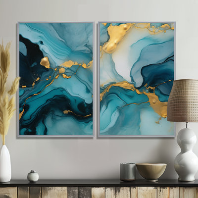 Turquoise doré infusé marbre II - fractales abstraites, art mural