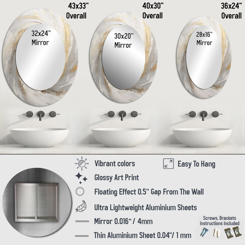 Gold And White Soft Wave Vortex V - Large Oval Wall Mirror On Metal, 40" x 30"