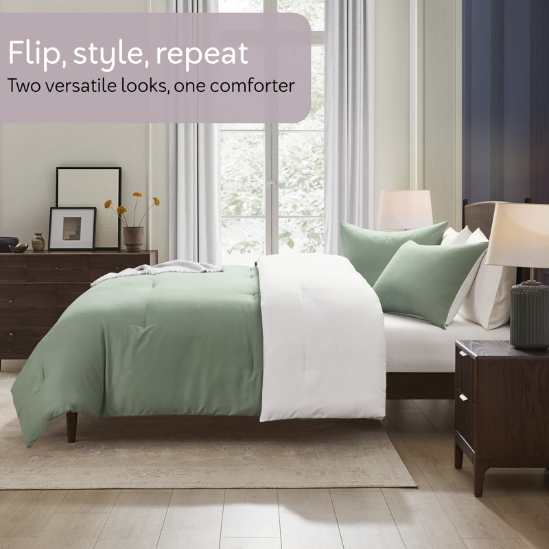 Ultra Soft Modern Reversible 3 Piece Comforter Set, King Comforter + 2 King Shams, Sage Green/White