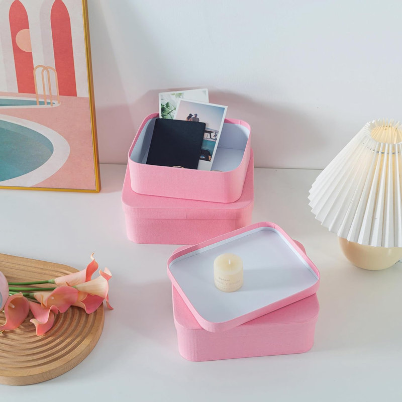 Set Of 3 Textured Pink Boxes With Rounded Edges, Decorative Cardboard Boxes With Lids, Nesting Gift Storage, Large Paperboard Containers For Organizing And Keepsakes
