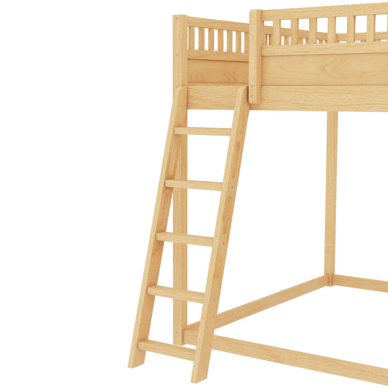 Lit mezzanine double avec tête de lit tapissier et tablettes de rangement, complet avec échelle et glissade, naturel, Naturel