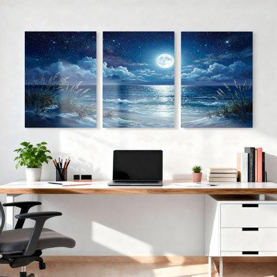 Moonlit Ocean Beach Night Sky Canvas Wrapped Wall Art Oil Painting Print Set Of 3