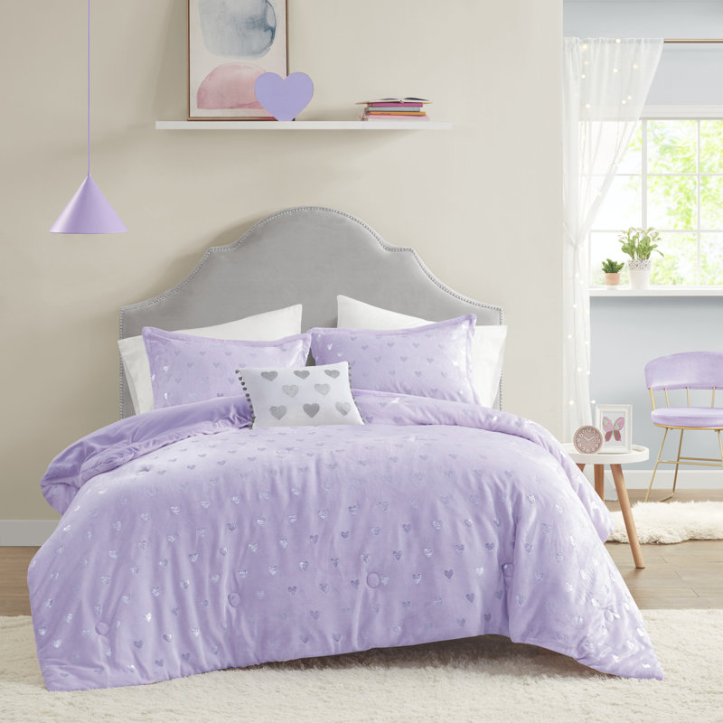 Ensemble d'édredon moelleux à imprimé métallique Rosalie, Mauve / argenté, Édredon simple / simple TG, 1 taie décorative et
