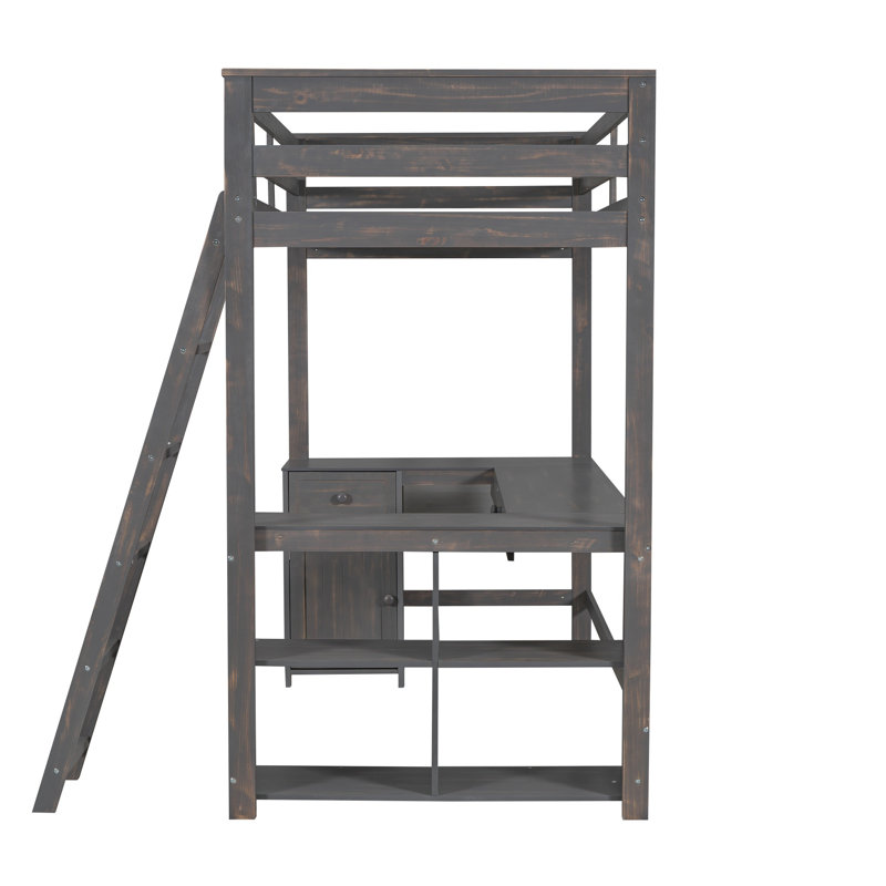 Lit mezzanine simple avec bureau en U, tiroirs et tablettes de rangement, brun antique