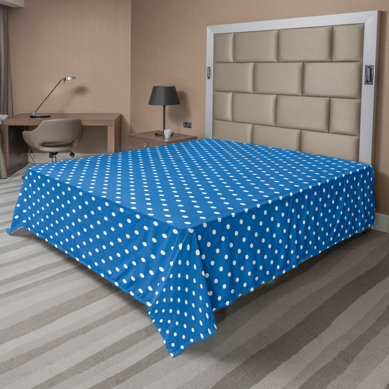 Ambesonne Top Flat Sheet Royal, King Flat Sheet, White/Blue Polka Dots 10
