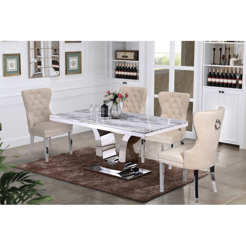 Maciejewski 4 - Person Marble Top Pedestal Dining Set, Cream