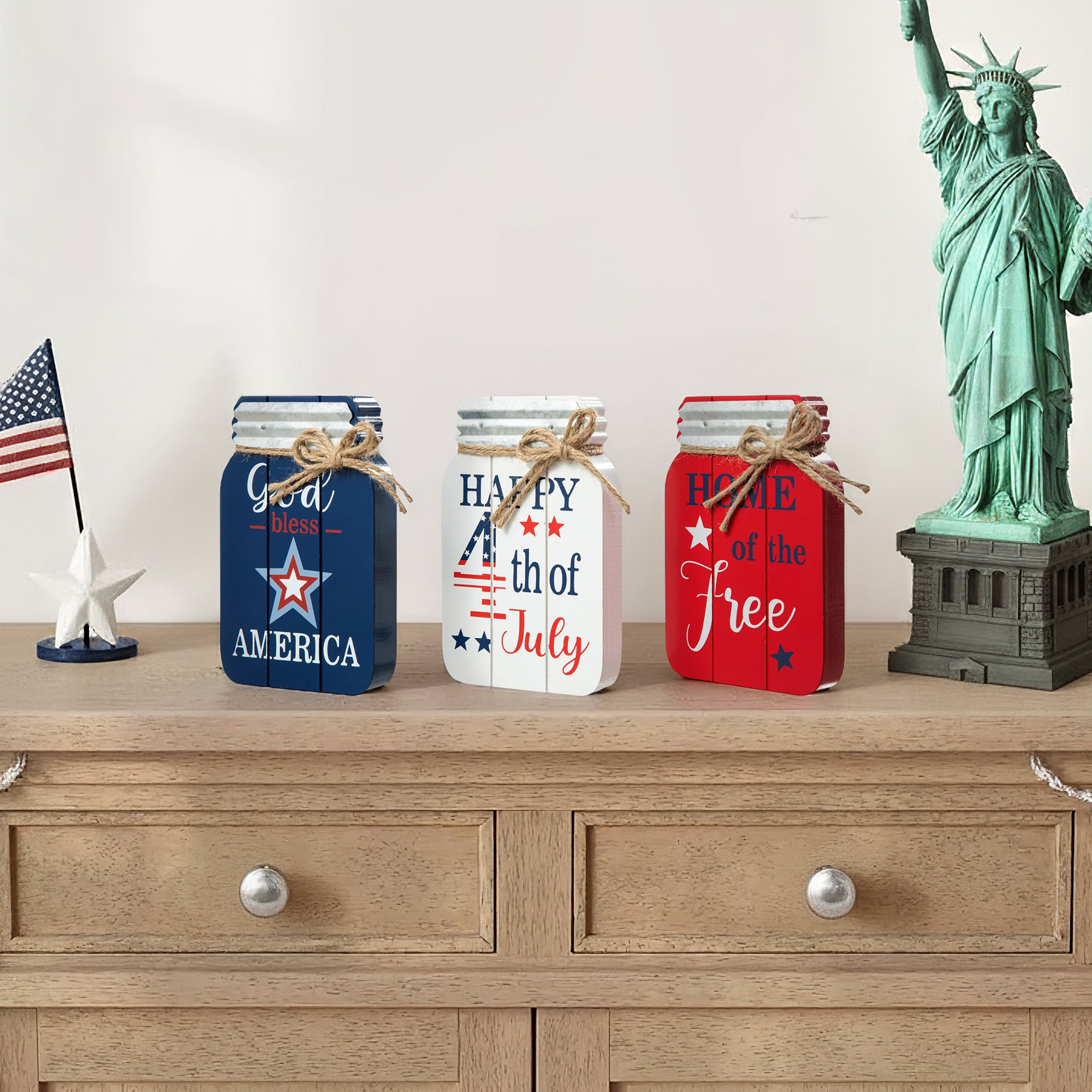 7"H Set Of 3 Patriotic/ Americana Wooden Mason Jar Table Decor