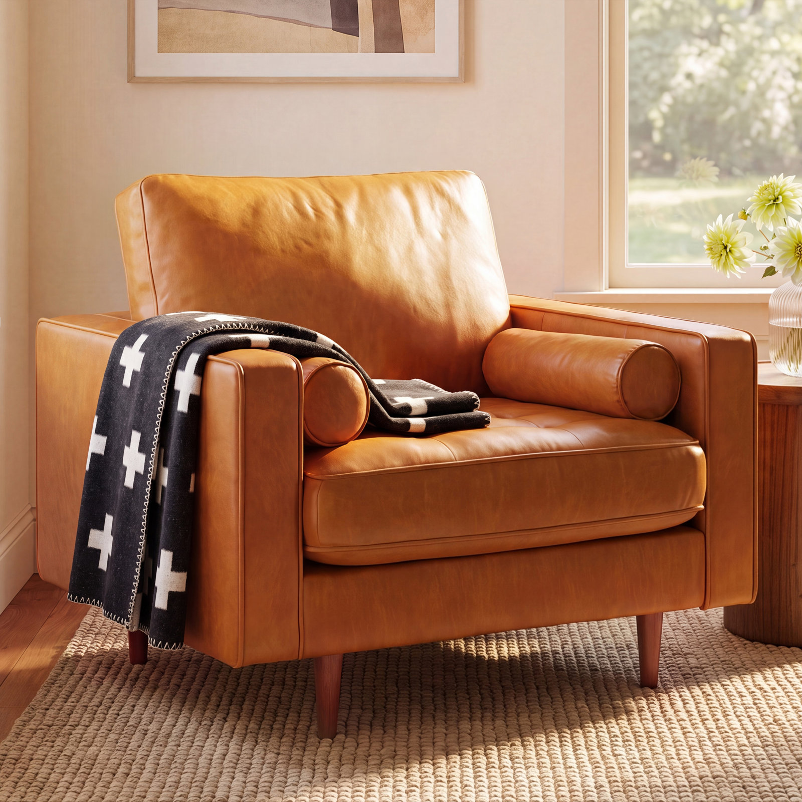 Geo Genuine Leather Armchair, Caramel / Honey Tan Genuine Leather