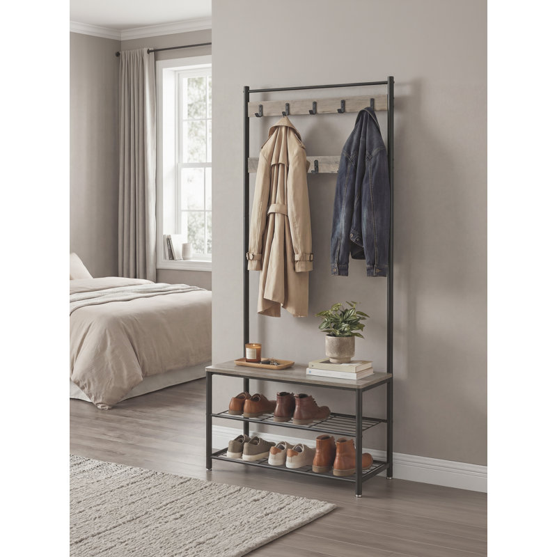 Coat Rack, Hall Tree with Shoe Storage Bench, 32 x 70 x 175 cm, Industrial, Greige
