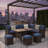 7 Piece  Wicker Patio Dining Set  9-Seat  Outdoor Sectional Cushions Sofa With Ottomans & Dining Table Porch Backyard Garden-782231618