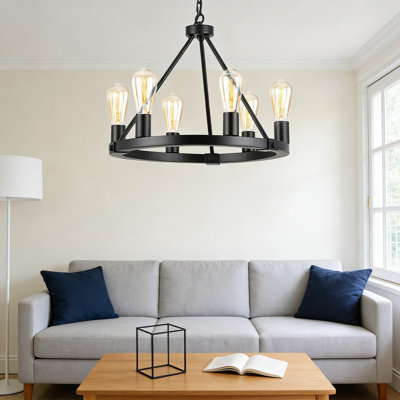 Luminaire de lustre en roue de chariot, luminaire suspendu de style campagnard industriel à 6 lumières avec chaîne de suspension réglable, fini noir mat pour le salon, la salle à manger, la chambre à coucher, le vestibule