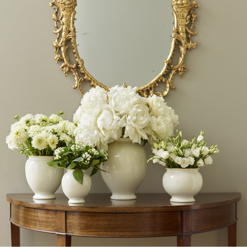 White Ceramic Urn-Shaped Table Vase with Gold Rim