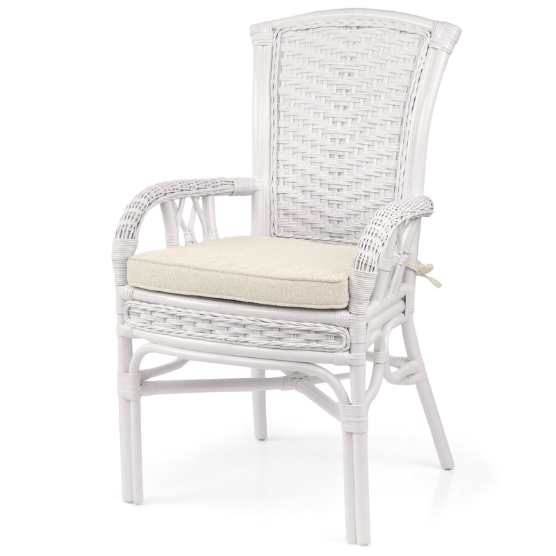 Delberta Dining Armchair Chair Natural Rattan Wicker Handmade Design With Cushion, White Color, White/Beige, 1