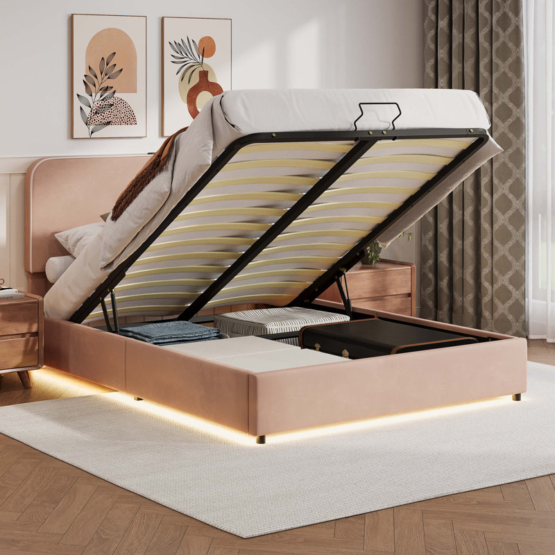 Lit de rangement hydraulique Ineva, lit de rangement relevable avec lumière DEL RVB, haut-parleur Bluetooth, aucun sommier nécessaire