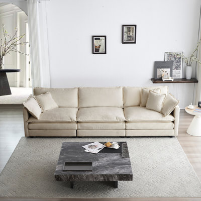 Salon 3 pièces en chenille beige, matériaux et coussins moelleux pour un style d'inspiration Mid-Century avec 2 coussins d'accoudoirs et 3 coussins décoratifs