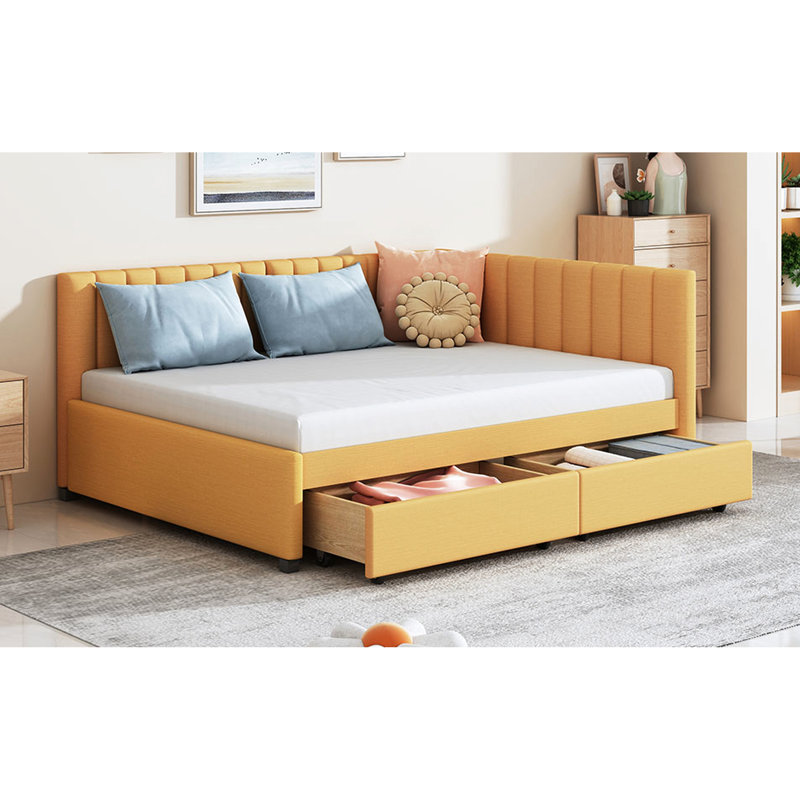 Lit de jour en lin jaune avec 2 tiroirs, sans sommier tapissier, plateforme stable recouverte d'une base durable, Jaune