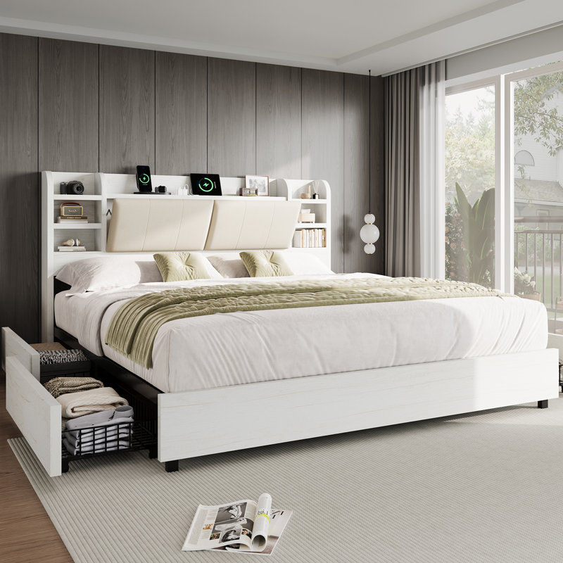 Base de lit tapissier 47,2 po avec 4 tiroirs de rangement, blanc, Blanc