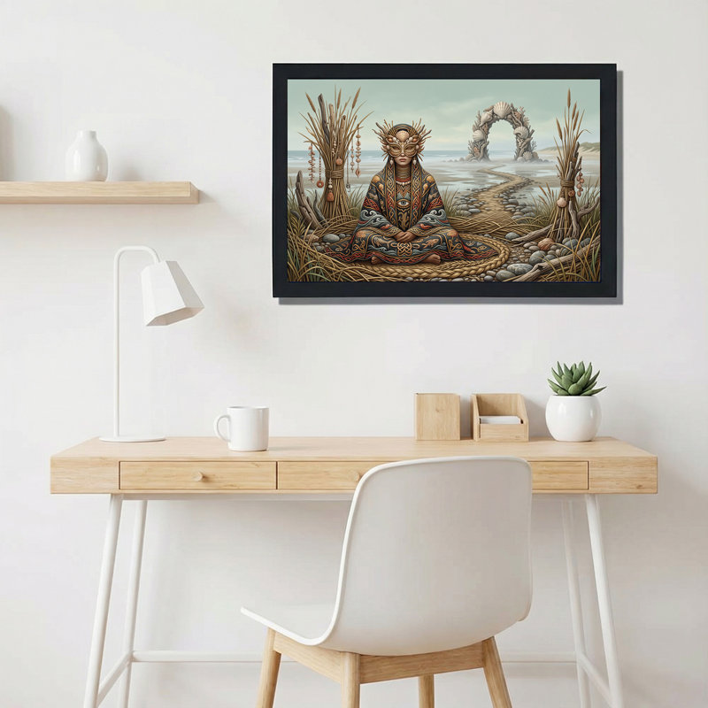 Figurine fantastique avec masque de coquillage sur toile murale représentant un sentier côtier, H 12 po x l 18 po