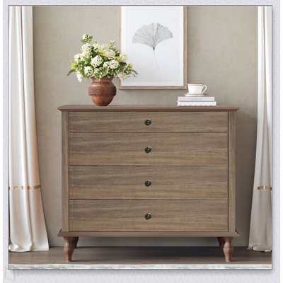 Grande commode à 4 tiroirs avec pied en bois massif, commode avec poignées de tiroir en métal brossé, design antique pour chambre à coucher et chambre de bébé