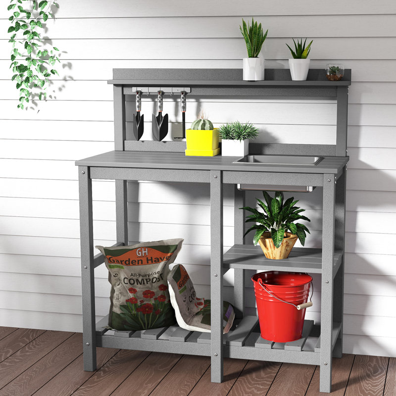 Potting Bench Outdoor Potting Table With Sink, Hdpe Potting Benches For Outside Gardening Table All Weather Use- Grey, Grey