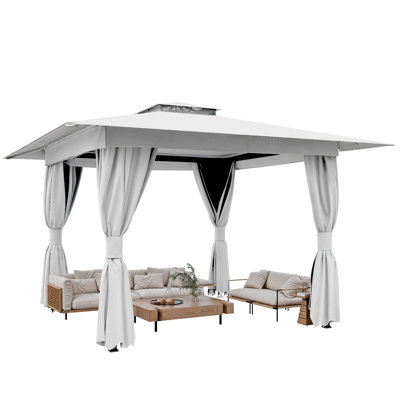 Pavillon de jardin à toit souple de 10 pi x 10 pi, pavillon de jardin d'extérieur robuste avec double toit, protection contre les rayons UV et rideaux - idéal pour la terrasse, la terrasse, la pelouse et la cour, blanc