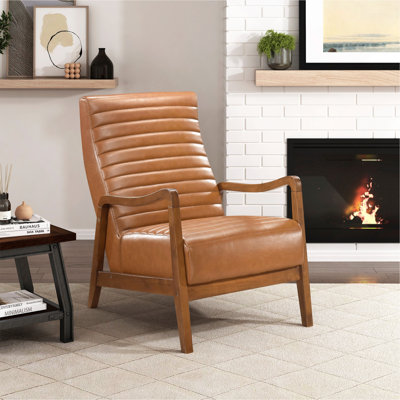 1Pc Accent Chair Brown Faux Leather Walnut Finish Solid Rubberwood Modern Living Room Furniture