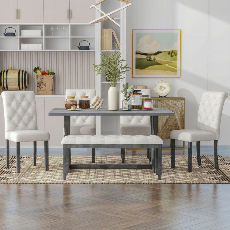 6-Piece Retro Rectangular Dining Table Set, Gray Wash