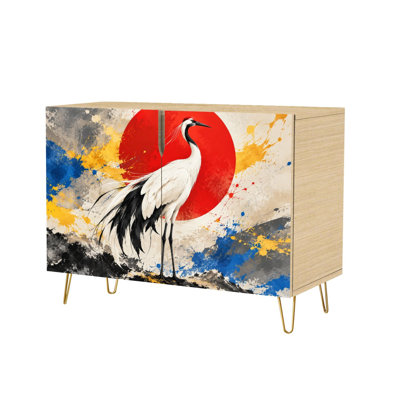 Buffet élégant à 2 portes, motif grue rouge soleil, style abstrait moderne et coloré, console, meuble de rangement en bois, dosseret pour cuisine, salle à manger, salon, entrée ou coin café.
