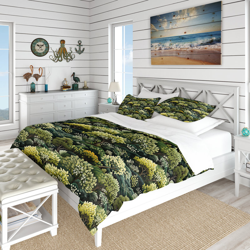 Ensemble de housse de couette Botanical Green Forest, Housse de couette simple + 1 taie décorative stan