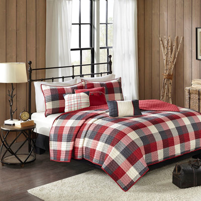 Red Full/Queen 6 Piece Quilt , Herringbone Fabric, Buffalo Plaid Style, Bedding Decoration, Machine Washable