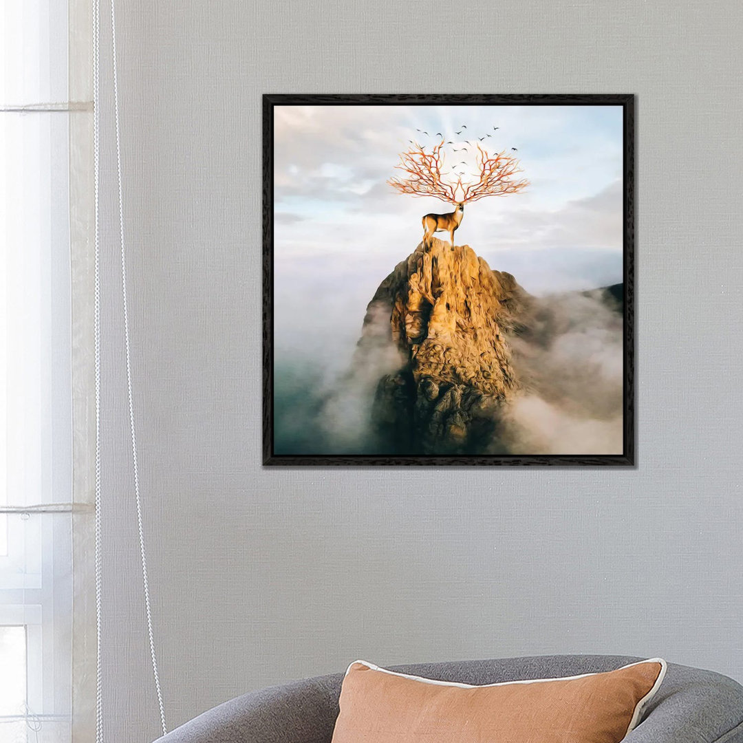 A Deer With Golden Antlers On Top Of A Mountain von Ievgeniia Bidiuk - Gallery-Wrapped Canvas Giclée on Canvas